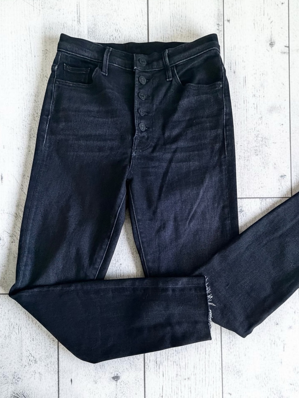 MOTHER Denim Jeans The Pixie Swooner Ankle Fray Womens 28 Thunder Road Black USA